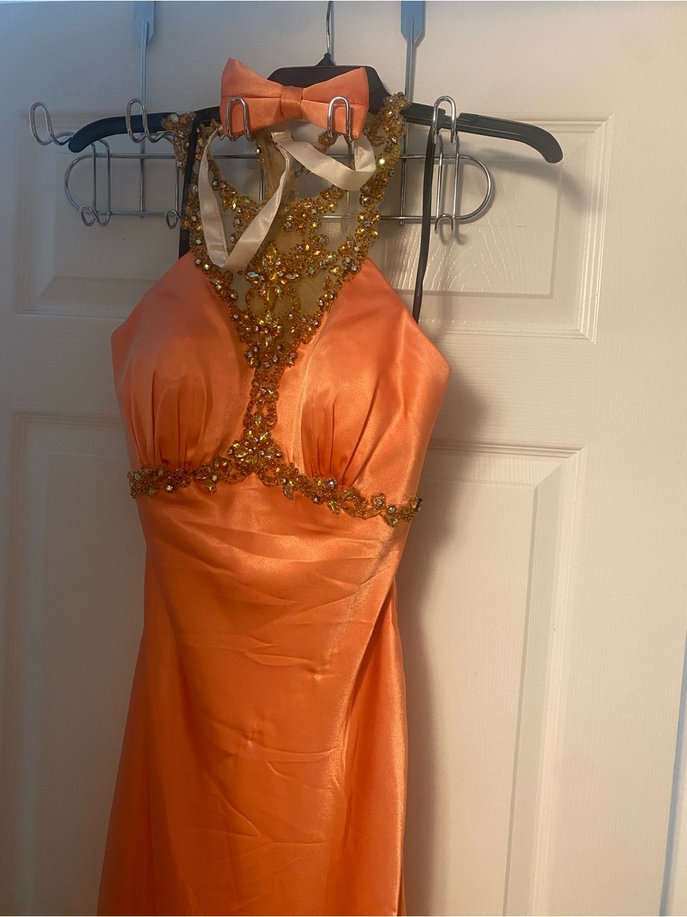 Elegant Beaded Halter Evening Dress in Orange